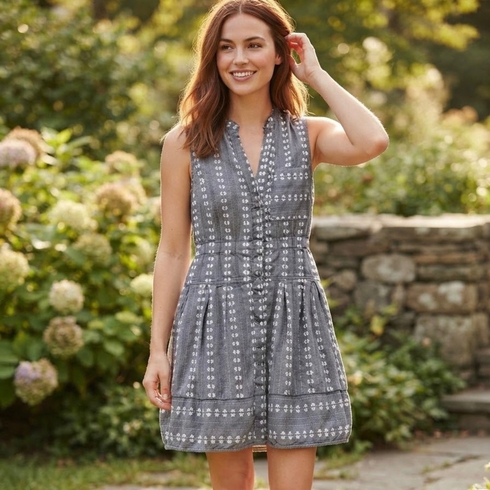 Maeve Anthropologie Blue Floral Stripe Sleeveless Button Front Shirt Dress M